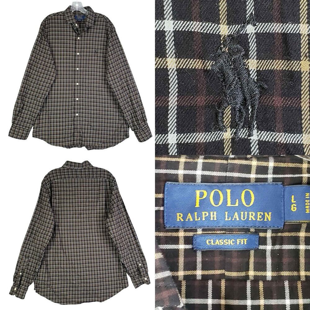 Polo Ralph Lauren Shirt Oxford Mens Size Large Black Fall Plaid Button Down LS